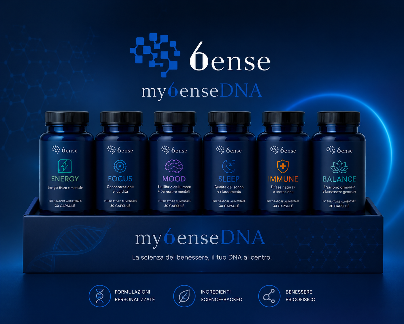 Abbonamento my6enseDNA — 6 formule personalizzate Energy, Focus, Mood, Sleep, Immune, Balance